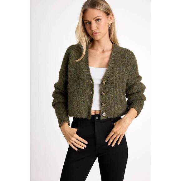 Lulus Sweaters - Lulus Evoletta Olive Green Marled Cropped Cardigan Sweater - Size M